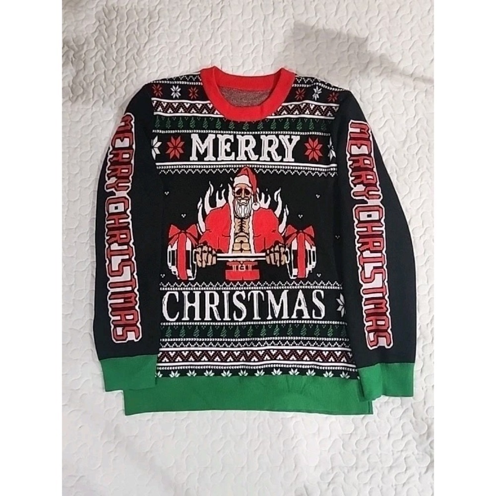 Sexy Christmas Santa Gym Weight Lift Sweater Black Red Bodybuilder Strong Man